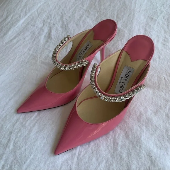 Jimmy Choo Bing 100 Shiny Patent Leather Crystal Stiletto Heels Bubble Pink - Picture 6 of 16